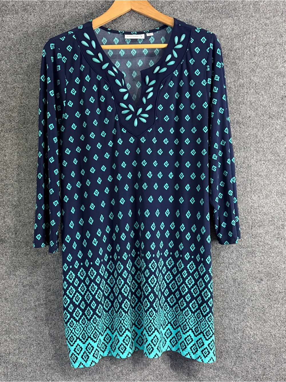 Susan Graver Womens XL Navy Blue Turquoise Beaded Split Neck Tunic Dress Liquid